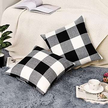 Tosewever Set of 2 Buffalo Check Plaid Pillow Covers Farmhouse Rustic Pillow Cases, Cotton Linen Throw Pillow Covers Cushion Case for Home Decor Car Bed Sofa Couch (18" x 18", 2 Pack Black & White)