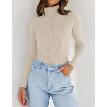 ZESICA Women's Turtleneck Long Sleeve Shirts Spring Basic Tops Slim Fitted Ribbed Knit Sweater,Apric...