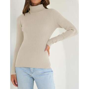 ZESICA Women's Turtleneck Long Sleeve Shirts Spring Basic Tops Slim Fitted Ribbed Knit Sweater,Apricot,Medium