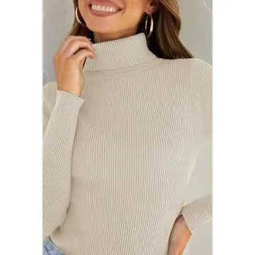 ZESICA Women's Turtleneck Long Sleeve Shirts Spring Basic Tops Slim Fitted Ribbed Knit Sweater,Apricot,Medium