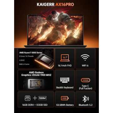 2025 AMD Laptop, 16.1inch Laptop Computer with AMD Ryzen 7 5000 Series(8C/16T, Up to 4.3GHz), 16GB R...