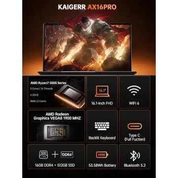 2025 AMD Laptop, 16.1inch Laptop Computer with AMD Ryzen 7 5000 Series(8C/16T, Up to 4.3GHz), 16GB R...