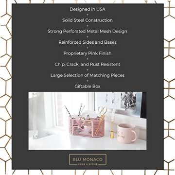 BLU MONACO Pink Desk Organizer - Girlie Desk Accessories - Strong Metal Construction - Office Supply Storage for Home or Office - Desk Organizer Pink - Light Pink Desk Accessories