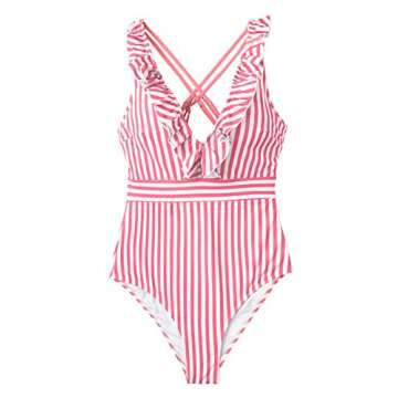 CUPSHE Women's Stylish Pink Stripe Ruffled Swimsuit