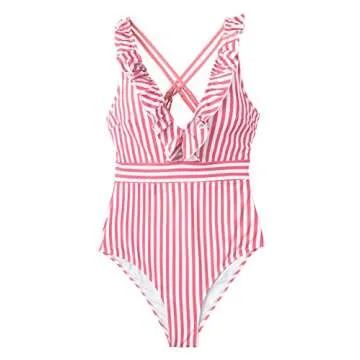 CUPSHE Women's Stylish Pink Stripe Ruffled Swimsuit