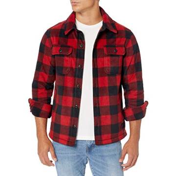 Amazon Essentials Men's Long-Sleeve Polar Fleece Shirt Jacket, Red Buffalo Check, Large