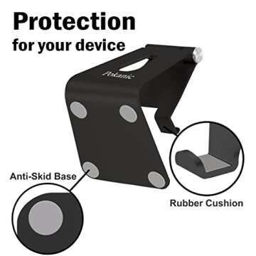 Pokanic Cell Phone Tablet Stand Adjustable Multi-Angle Aluminum Non-Slip Dock Holder Cradle Charger Station Mount Foldable Portable Desktop Organizer Table Kitchen Room Office School (Black)