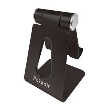 Pokanic Cell Phone Tablet Stand Adjustable Multi-Angle Aluminum Non-Slip Dock Holder Cradle Charger Station Mount Foldable Portable Desktop Organizer Table Kitchen Room Office School (Black)