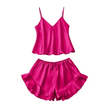SOLY HUX Silk Pajamas Set for Women - Sexy Satin Ruffled Pjs Cami Shorts Sets