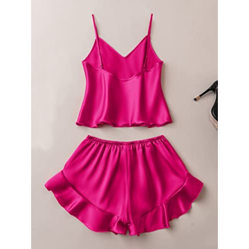 Stylish Women's Silk Pajamas Set - HotPink Ruffled Sleepwear