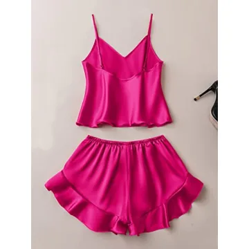 Stylish Women's Silk Pajamas Set - HotPink Ruffled Sleepwear