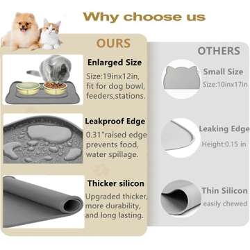 IYYI Cat Food Mat, Silicone Pet Food Mat for Floor, Waterproof Non Slip Pet Feeding Mat, Raised Edge Cat Bowl Mat to Stop Food Spills and Water Messes (Black+M)