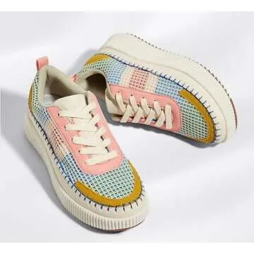 LUCKY STEP Women's Running Shoes Knit Non Slip Walking Trainers Casual Breathable Lightweight Sports Sneakers(Pink/Yellow Multi Knit,9 B(M) US)