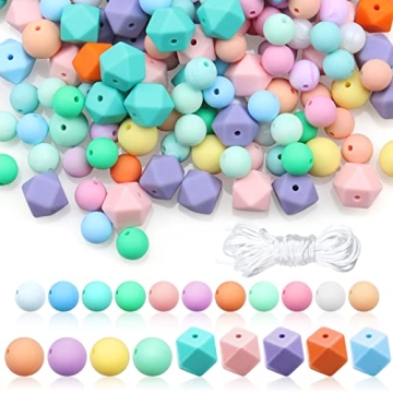 Jyongmer 101 PCS Silicone Beads, 15mm 12 mm Silicone Beads for Keychain Making 14mm Polygonal Colorf...