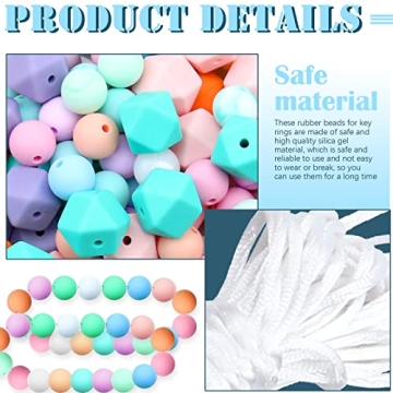 Jyongmer 101 PCS Silicone Beads, 15mm 12 mm Silicone Beads for Keychain Making 14mm Polygonal Colorful Silicone Beads Bulk with Rope for DIY Necklace Bracelet Jewelry Crafts (Beads-Set A)