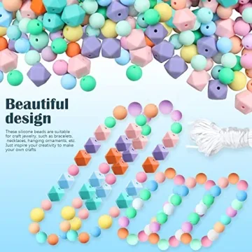 Jyongmer 101 PCS Silicone Beads, 15mm 12 mm Silicone Beads for Keychain Making 14mm Polygonal Colorful Silicone Beads Bulk with Rope for DIY Necklace Bracelet Jewelry Crafts (Beads-Set A)