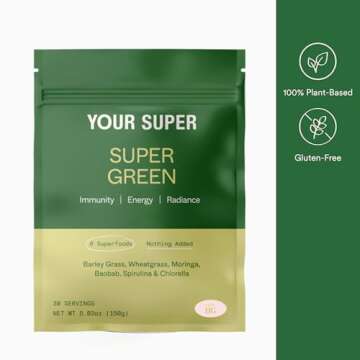 Your Super Organic Super Green Smoothie Mix – Superfood Powder for Natural Immune Support, Made with Wheatgrass, Barley Grass, Moringa, Spirulina, Chlorella & Baobab Powder (30 Servings)