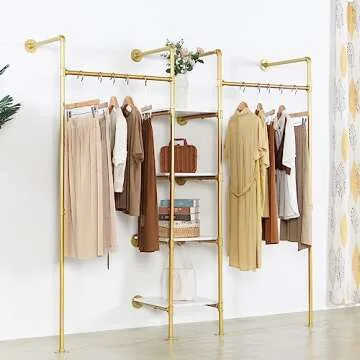 EDCB Industrial Pipe Gold Clothing Rack with Shelves, Retail Display Wall Mounted Storage Clothes Ha...