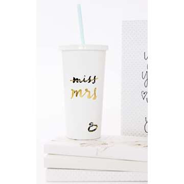 Kate Spade New York Bridal Insulated Tumbler with Reusable Straw, 20 Ounces, Miss to Mrs. (White)