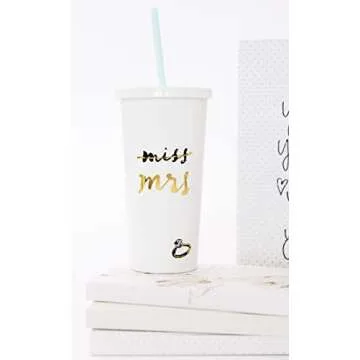 Kate Spade New York Bridal Insulated Tumbler with Reusable Straw, 20 Ounces, Miss to Mrs. (White)