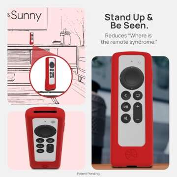 73&Sunny GripStand™ Apple TV Remote Cover: Stand-Up Design, Enhanced Grip, Anti-Slip and Drop Protection, AirTag Compatible, Fits Siri Apple TV 4K/HD (2nd & 3rd Gen) Fiery Red