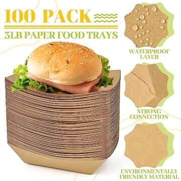 Ocmoiy 3lb Kraft Paper Food Trays, 100 Pack Heavy Duty Food Boats Disposable Food Serving Tray Food Holder Trays for Nachos, Tacos, Fries, Hot Dog, Corn, BBQ, Festivals, Party