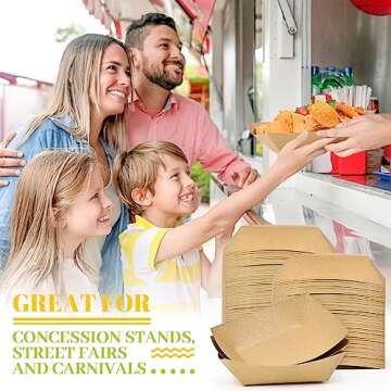 Ocmoiy 3lb Kraft Paper Food Trays, 100 Pack Heavy Duty Food Boats Disposable Food Serving Tray Food Holder Trays for Nachos, Tacos, Fries, Hot Dog, Corn, BBQ, Festivals, Party