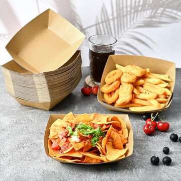 Ocmoiy 3lb Kraft Paper Food Trays, 100 Pack Heavy Duty Food Boats Disposable Food Serving Tray Food Holder Trays for Nachos, Tacos, Fries, Hot Dog, Corn, BBQ, Festivals, Party