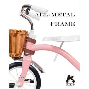 KRIDDO Classic All Metal Toddler Trike, Gift for Boys and Girls Ages 2 to 4 Year Old, Tricycle for 1 to 3 Year Olds, Sturdy Rear Deck, Deluxe Steer and Ergonomics Grip, Indoor and Outdoor, Pink
