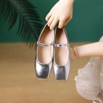 Stunner Women's Mary Jane Flats Fashion Square Toe Soft Ballet Flats Comfort Leather Office Driving Flats Silver 40(8)