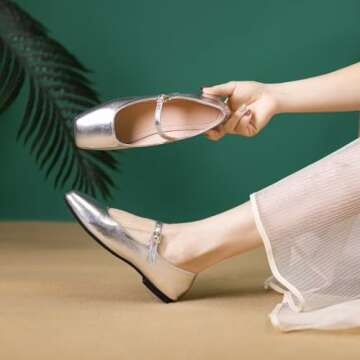 Stunner Women's Mary Jane Flats Fashion Square Toe Soft Ballet Flats Comfort Leather Office Driving Flats Silver 40(8)