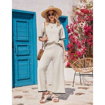 Ekouaer Lounge Set for Women 2 Piece Outfits Knit Short Sleeve Sweater Top Wide Leg Long Pants Loung...