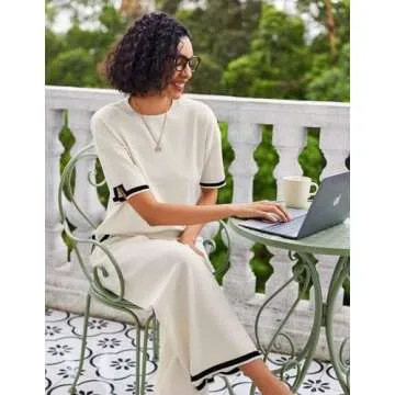 Ekouaer Lounge Set for Women 2 Piece Outfits Knit Short Sleeve Sweater Top Wide Leg Long Pants Loungewear Travel Outfits Apricot