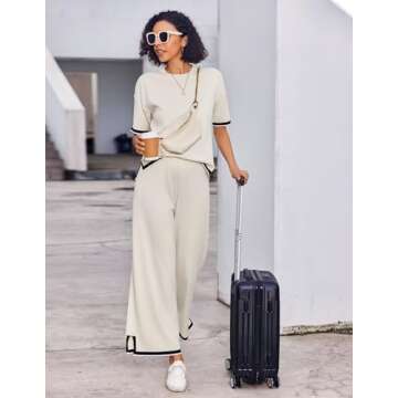 Ekouaer Lounge Set for Women 2 Piece Outfits Knit Short Sleeve Sweater Top Wide Leg Long Pants Loungewear Travel Outfits Apricot