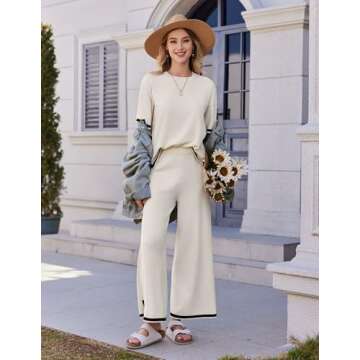 Ekouaer Lounge Set for Women 2 Piece Outfits Knit Short Sleeve Sweater Top Wide Leg Long Pants Loungewear Travel Outfits Apricot