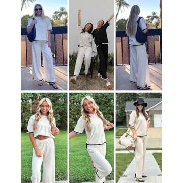 Ekouaer Lounge Set for Women 2 Piece Outfits Knit Short Sleeve Sweater Top Wide Leg Long Pants Loungewear Travel Outfits Apricot