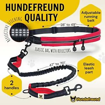 Hundefreund Hands Free Dog Leash for Medium and Large Dogs (30-150lbs) - Dual Handle Waist Leash for Running, Walking and Hiking with Adjustable Zipper Waist Belt and Reflective Elastic Bungee (Red)