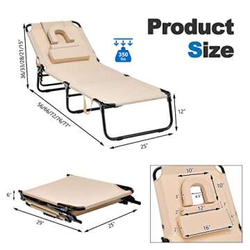 Goplus Tanning Chair, Folding Beach Lounge Chair with Face Hole, Removable Pillow, 350LBS Capacity, ...