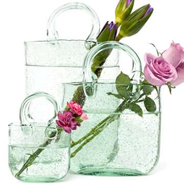 Haetingcare Hand Blown Glass Vase with Unique Design, Clear Glass Vase with Handles in Purse Shape f...