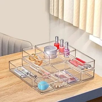 Amazing Abby - QuickSort - Plastic Stackable Organizers (10-Piece Set) for Vanity and Desk Drawer, Perfect Storage Solution for Beauty Products, Office Supplies, Decorative Items, and More