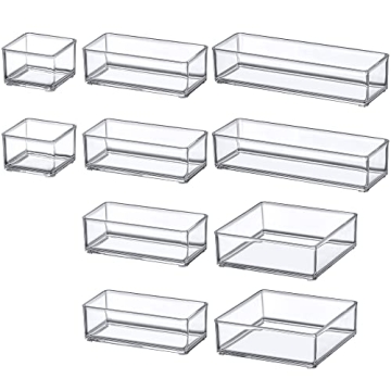 Amazing Abby - QuickSort - Plastic Stackable Organizers (10-Piece Set) for Vanity and Desk Drawer, Perfect Storage Solution for Beauty Products, Office Supplies, Decorative Items, and More