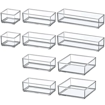 Amazing Abby - QuickSort - Plastic Stackable Organizers (10-Piece Set) for Vanity and Desk Drawer, Perfect Storage Solution for Beauty Products, Office Supplies, Decorative Items, and More