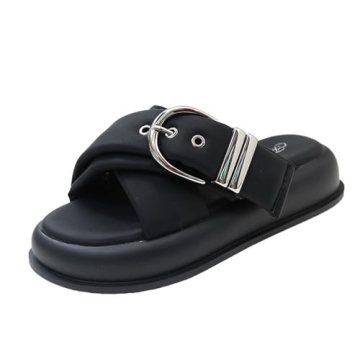 NourIron Women's Leather Platform Slides Sandals with Belt Buckle Decor Comfort Round Open Toe Slip-On Memory Foam Sandals Summer Walking Beach Slippers (Black,4.5)