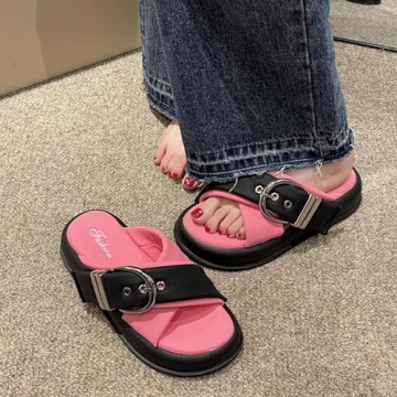 NourIron Women's Leather Platform Slides Sandals with Belt Buckle Decor Comfort Round Open Toe Slip-On Memory Foam Sandals Summer Walking Beach Slippers (Black,4.5)