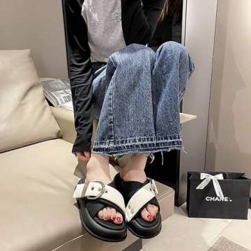 NourIron Women's Leather Platform Slides Sandals with Belt Buckle Decor Comfort Round Open Toe Slip-On Memory Foam Sandals Summer Walking Beach Slippers (Black,4.5)