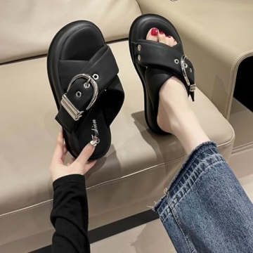 NourIron Women's Leather Platform Slides Sandals with Belt Buckle Decor Comfort Round Open Toe Slip-On Memory Foam Sandals Summer Walking Beach Slippers (Black,4.5)