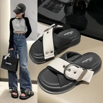 NourIron Women's Leather Platform Slides Sandals with Belt Buckle Decor Comfort Round Open Toe Slip-On Memory Foam Sandals Summer Walking Beach Slippers (Black,4.5)