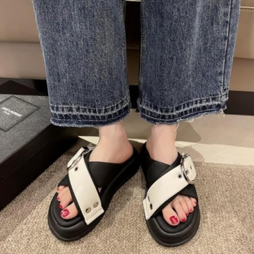 NourIron Women's Leather Platform Slides Sandals with Belt Buckle Decor Comfort Round Open Toe Slip-On Memory Foam Sandals Summer Walking Beach Slippers (Black,4.5)