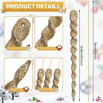 60 Pieces Twisted Icicle Ornament Christmas Tree Decoration Glitter Spiral Strip Hangings for Christ...
