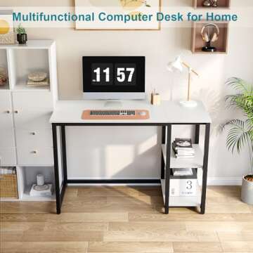 SINPAID Computer Desk 40 inches with 2-Tier Shelves Sturdy Home Office Desk with Large Storage Space Modern Gaming Desk Study Writing Laptop Table, White Desk